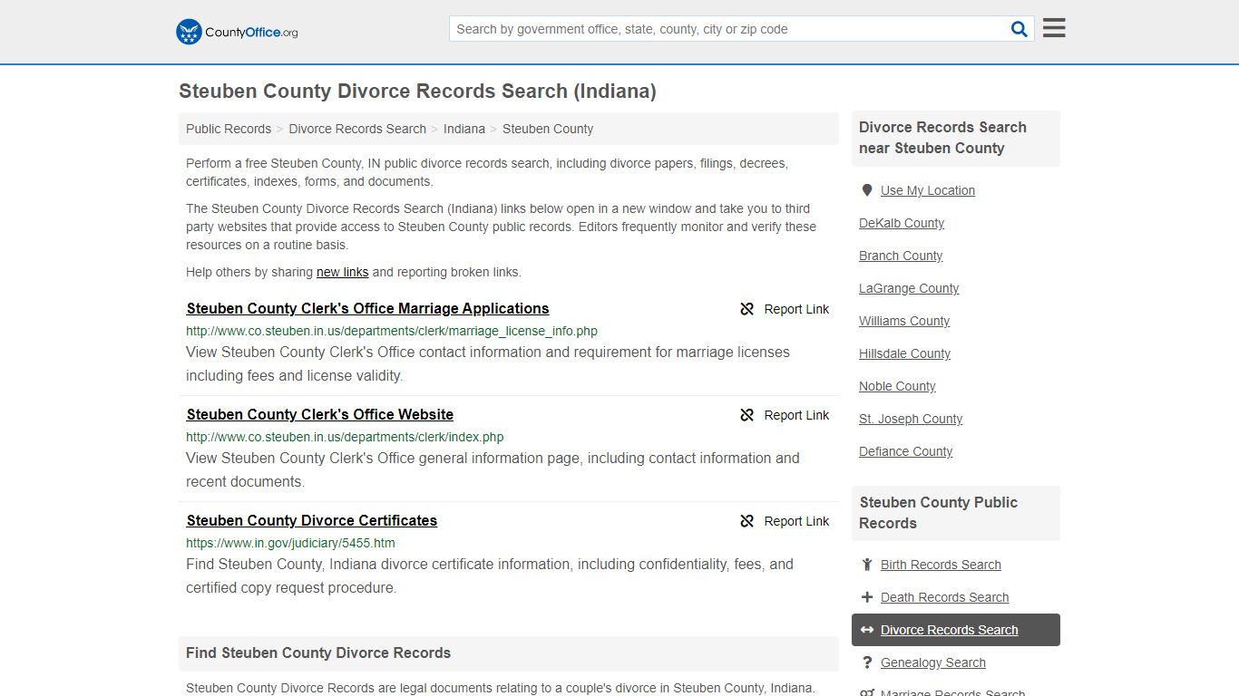 Steuben County Divorce Records Search (Indiana)